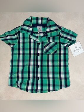 Carter's Green and Navy Plaid Short Sleeve Button Down